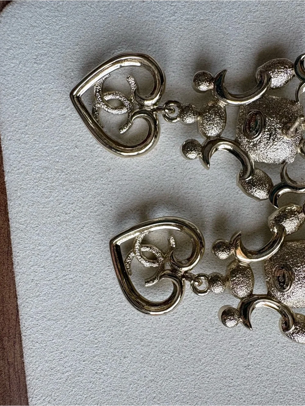 CHANEL Gold Heart Drop Earrings with Crystal Accents